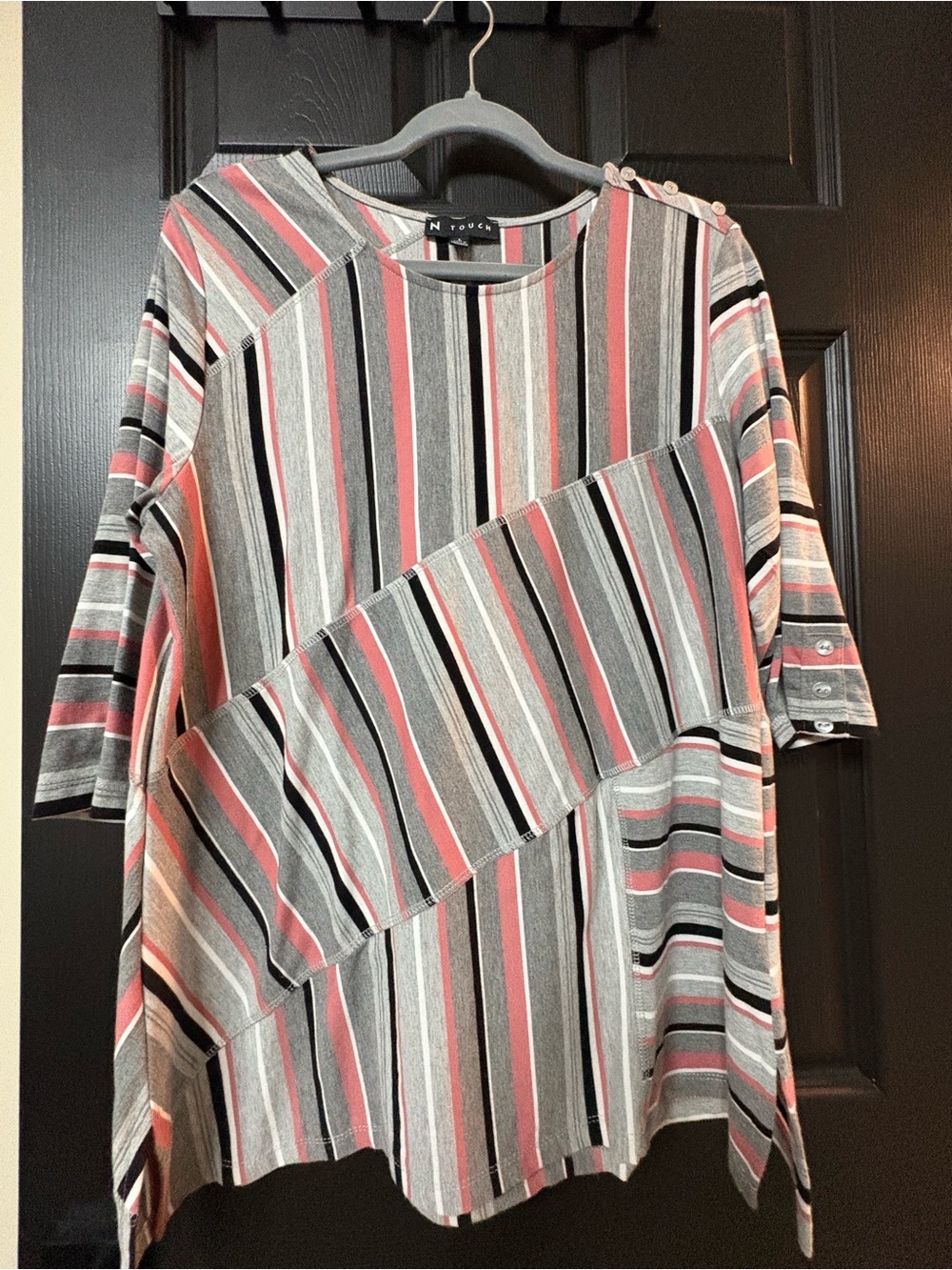 Striped Pink & Gray Button-Shoulder Tunic Top